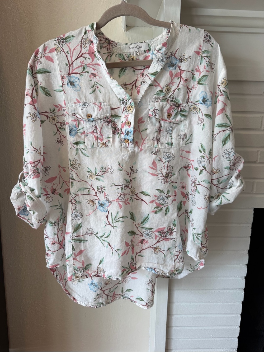 Eden & Olivia White Floral Print Cotton Roll Tab Sleeve Blouse Size 2X